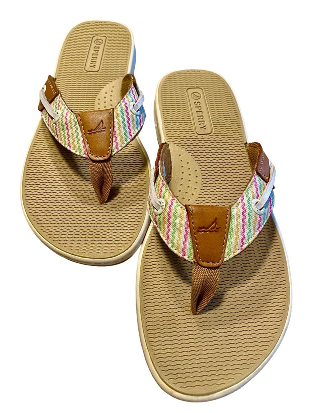 Sperry Seafish Thong Sandals Leather Woven Wave Stripe 7 Coastal Preppy